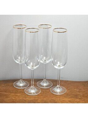 4 Retro Gold Rim Champagne Glasses 8" sleek smooth crystal glassware 6oz